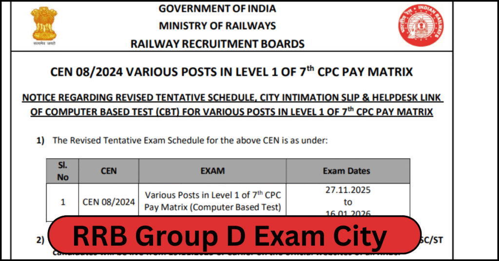 Railway RRB Group D Exam City 2025